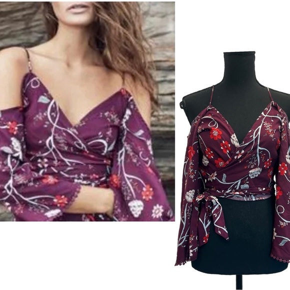 Jaase cold shoulder off the shoulder floral flower wrap crop blouse Sz L - Picture 1 of 12